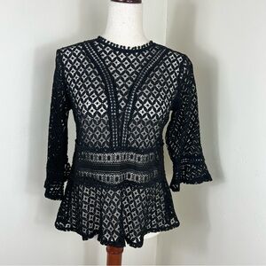 Hazel Womens Size S Lace Top Peplum Bell Sleeve Sheer Dainty Crochet Grunge